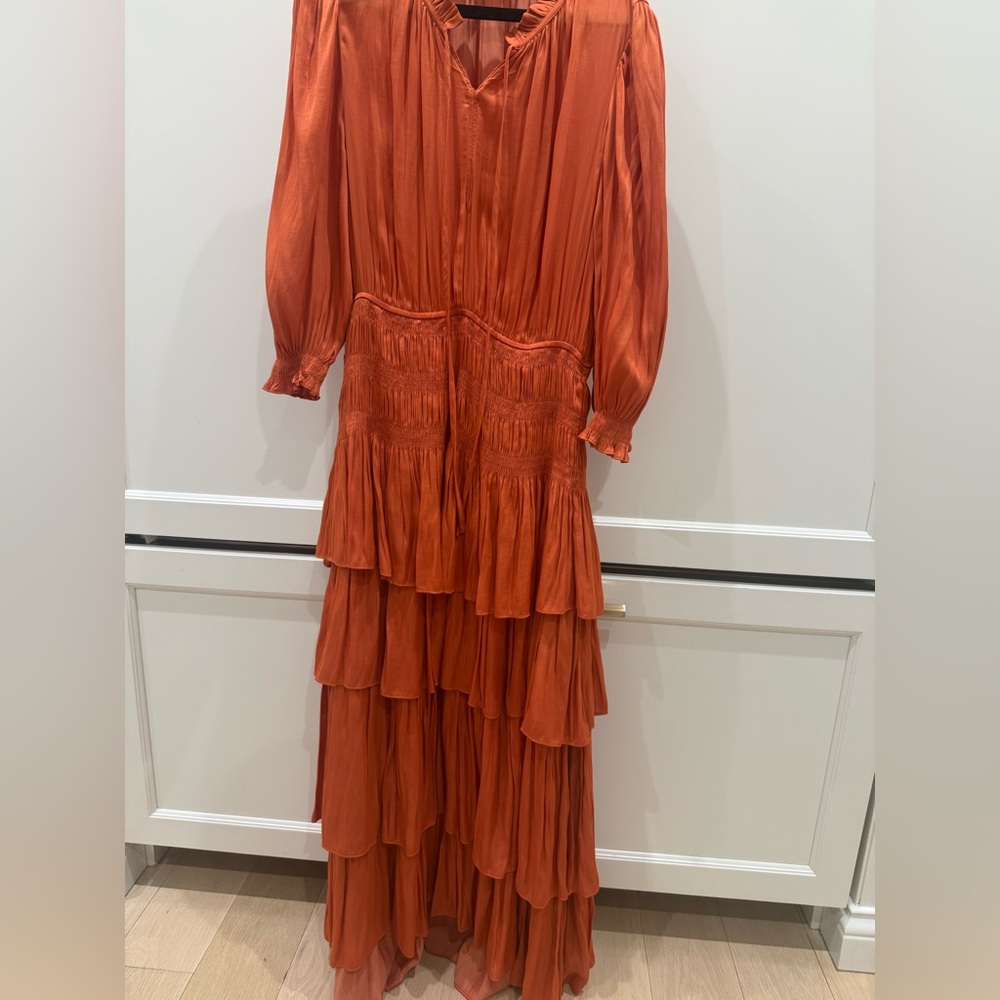 Maje Tiered Maxi Dress in Burnt Orange with Smocked Waist